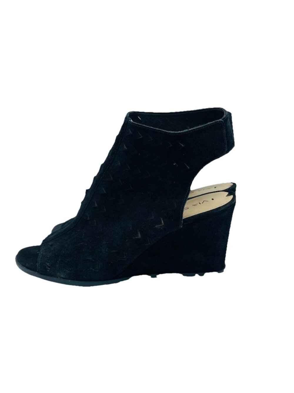 Via Spiga Shoes Womens 9 M Black Leather Suede Leatrice Wedge High Heel Peep Toe